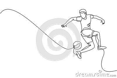 One continuous line drawing of young sporty man soccer freestyler player practice to juggle ball with heel in the street. Football Vector Illustration