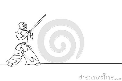 One continuous line drawing young sporty man training kendo defense move skill in dojo center. Healthy fighting martial art sport Vector Illustration