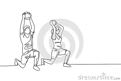 One continuous line drawing of young sporty man and woman working out with weight ball in fitness gym club center. Healthy fitness Vector Illustration