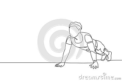 One continuous line drawing of young sporty man working out push up in fitness gym club center. Healthy fitness sport concept. Vector Illustration