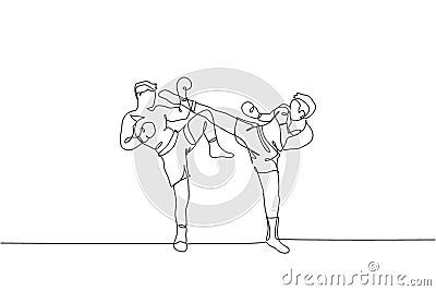 One continuous line drawing of young sporty muay thai boxer man kicking the opponent head in match game at box arena. Fighting Vector Illustration