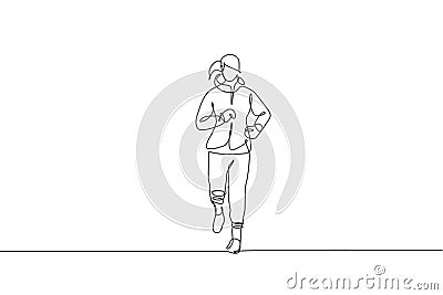 One continuous line drawing of young sporty runner woman relax running at countryside. Healthy lifestyle and fun jogging sport Cartoon Illustration