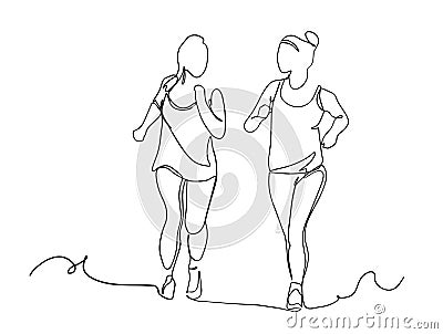 One continuous line drawing of young sporty runner women jogging. Healthy lifestyle and fun jogging sport concept. Dynamic single Cartoon Illustration