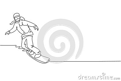 One continuous line drawing young sporty woman snowboarder riding snowboard in alps snowy powder mountain. Winter lifestyle sport Vector Illustration