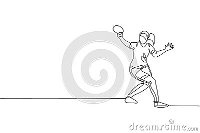 One continuous line drawing of young sporty woman table tennis player hit the ball. Competitive sport concept. Single line draw Cartoon Illustration