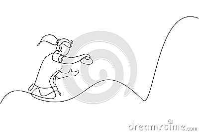 One continuous line drawing of young sporty woman table tennis player practicing her smash hit. Competitive sport concept. Single Cartoon Illustration