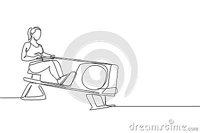 One continuous line drawing of young sporty woman working out with lying rowing press in fitness gym club center. Healthy fitness Vector Illustration