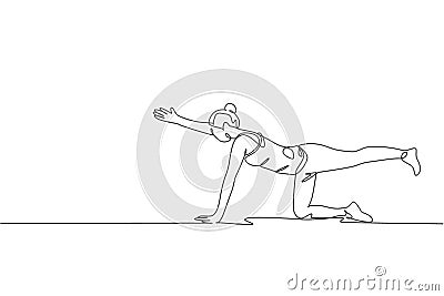 One continuous line drawing of young sporty woman working out pilates push up in fitness gym club center. Healthy fitness sport Vector Illustration