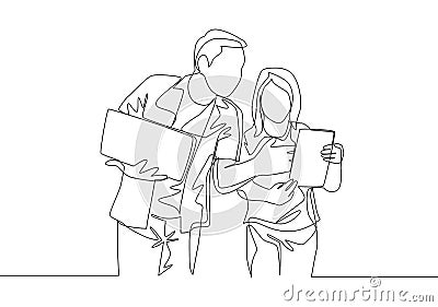 One continuous line drawing of young startup members check the work each others using laptop and tablet. Business process teamwork Vector Illustration