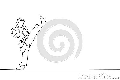 One continuous line drawing of young talented karateka man train pose for duel fighting at dojo gym center. Mastering martial art Vector Illustration