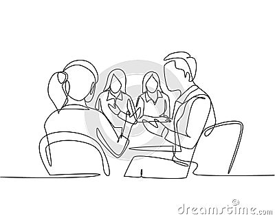 One continuous line drawing of young woman manger announcing company goal target in a business meeting to her staffs. Business Vector Illustration