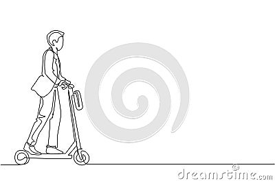 One continuous line drawing of young worker man ride electric scooter to go to the office. Green transportation. Future urban Vector Illustration