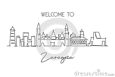 One continuous line drawing Zaragoza city skyline Spain. Beautiful skyscraper postcard. World landscape tourism travel vacation Vector Illustration