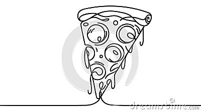 One continuous line pizza slice menu concept. Restaurant food pizzeria icon single line drawing. Vector Illustration