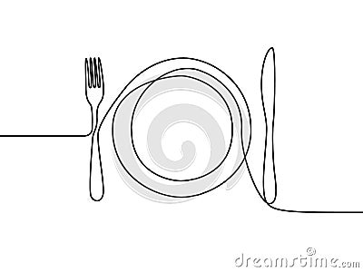 One continuous line plate, khife and fork. Vector Vector Illustration