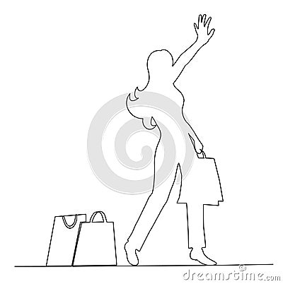 One continuous line style young shopping woman with bags stopping taxi Stock Photo