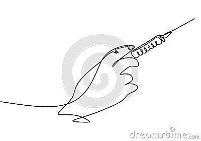 One continuous single drawing line art researchers, scientist, science. The scientist`s hand is holding the syringe to react the Vector Illustration