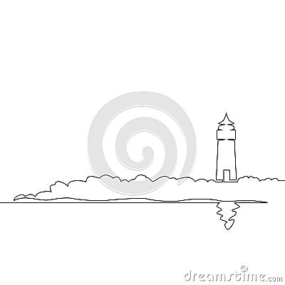 continuous single drawn line art doodle sea, beach, lighthouse Vector Illustration