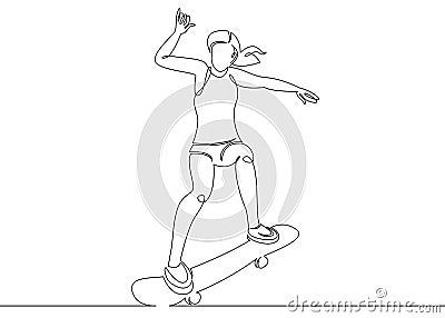 One continuous single drawn line, a girl skater Vector Illustration