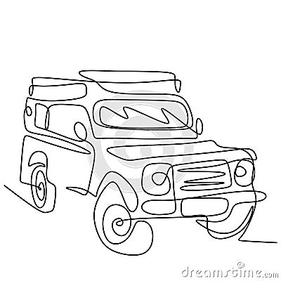 One continuous single drawn line of jeep wrangler car. A classical jeep isolated on white background. Adventure offroad rally Vector Illustration