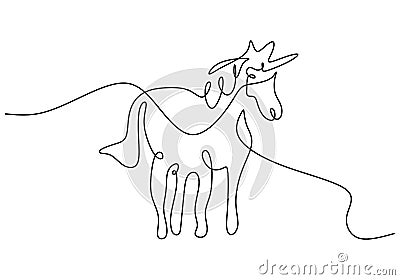 One continuous single line of cute pegasus isolated on white background Vector Illustration