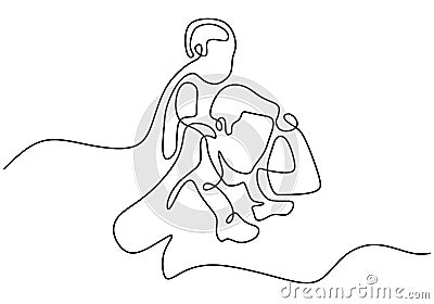 One continuous single line drawing of a daddy carries the child on the shoulders. Happy little child playing with his father Vector Illustration