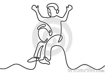 One continuous single line drawing of a daddy carries the child on the shoulders. Happy little child playing with his father Vector Illustration