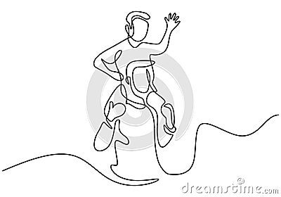 One continuous single line drawing of a daddy carries the child on the shoulders. Happy little child playing with his father Vector Illustration