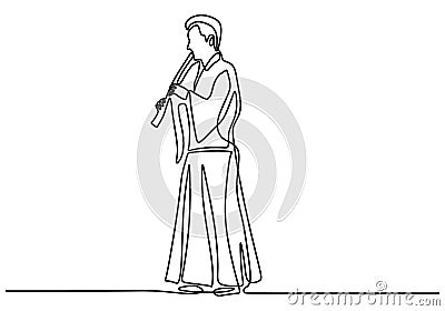 One continuous single line drawing of a man with Shakuhachi flute, traditional music of Japanese. A sitting man wearing Kimono is Vector Illustration