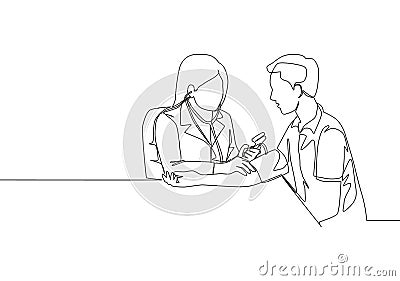 One continuous single line drawing of young female doctor check the patient`s blood pressure and pulse rate at hospital Vector Illustration