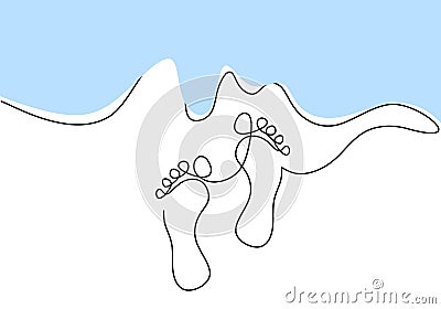 One continuous single line of foot sole on sand isolated on white background Stock Photo