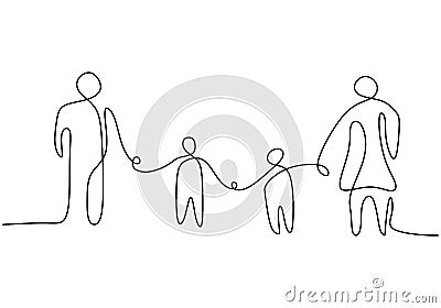 One continuous single line of four family member isolated on white background Vector Illustration