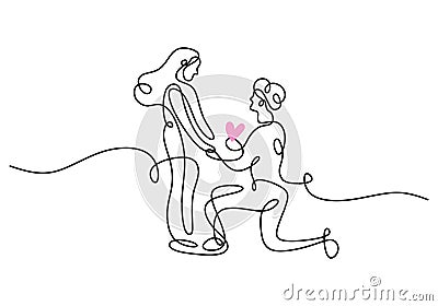 One continuous single line hand drawing of man propose woman with isolated on white background Vector Illustration