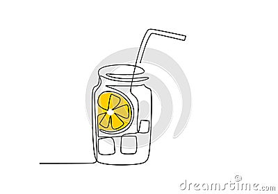 One continuous single line of hand drawn with lemon glass filled with water and ice cubes with a lemon garnish on the rim of the Stock Photo