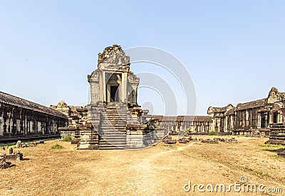 One of the corner entries of the outside structure, Siem Riep, Cambodia. Editorial Stock Photo