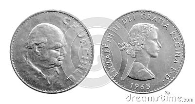 One Crown 1965 Winston Churchill silver coin. Churchill Crown, Editorial Stock Photo