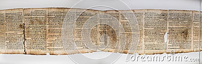 One of Dead Sea Scrolls, displayed in Shrine of the Book. Israel Editorial Stock Photo