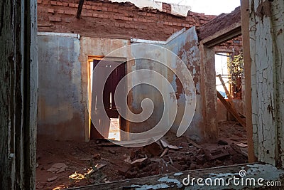 One of the dilapidated rooms of the hotel in the railway village called Putsonderwater in South Africa Stock Photo