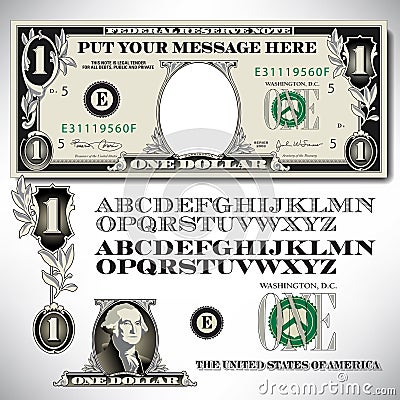 One dollar bill parts with an alphabet Vector Illustration