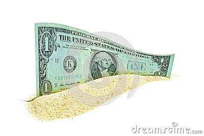 One Dollar Bill in a Sandpile Isolated on White Background Stock Photo