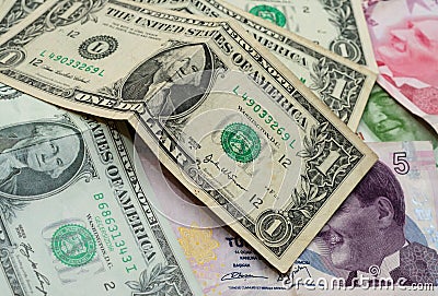 One Dollar Bills With Turkish Liras Stock Photo