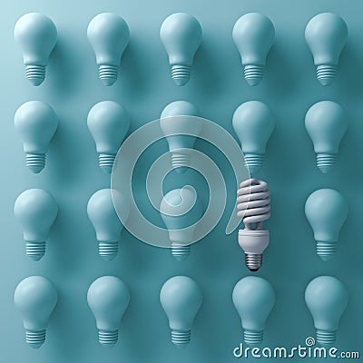 One eco energy saving light bulb different and stand out from old incandescent lightbulbs on cyan Stock Photo