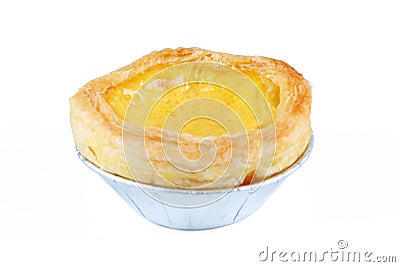 One egg tart on foiled container isolated on white Stock Photo