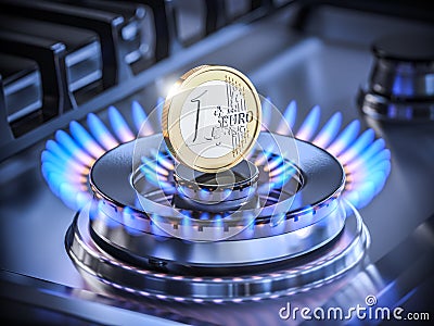 One euro coin on the range burner of a natural gas home stove surrounded by a blue flame. 3D render Stock Photo
