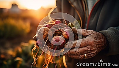 One farmer holding ripe homegrown produce basket generated by AI Stock Photo