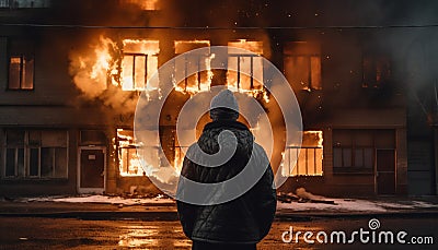 One firefighter standing in ruined city, back lit by flames generated by AI Stock Photo