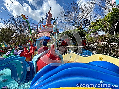 The one fish, two fish, red fish, blue fish, Cat in the Hat ride at Universal Studios Theme Park in Orlando, Florida Editorial Stock Photo