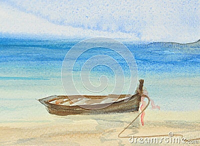 One fishing boat on beautiful beach watercolor painting Stock Photo