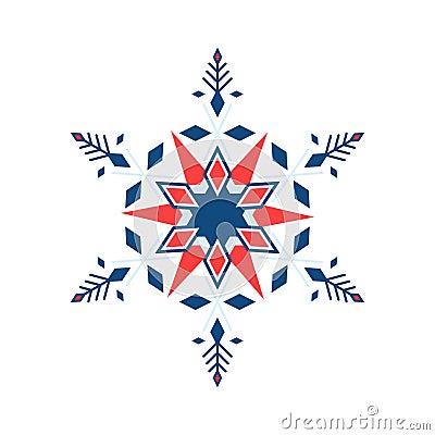 One florid snowflake in geometric style blue and red color is isolated on a white background Vector Illustration