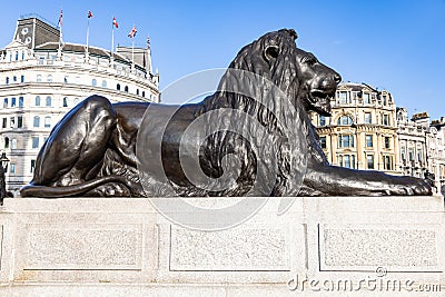One of the four lions in Trafalgar Square, surrounding Nelson's Column, are commonly known as the â€˜Landseer Lions Stock Photo